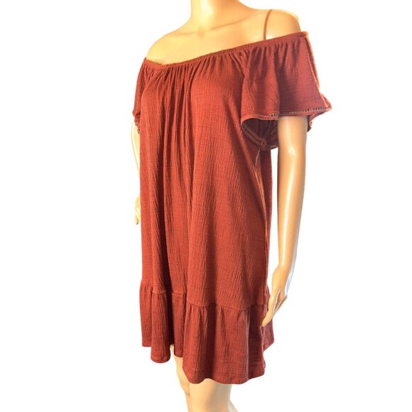 Womens Off-Shoulder Tiered Mini Dress Size S Rust Cottagecore Prairie - Picture 3 of 10